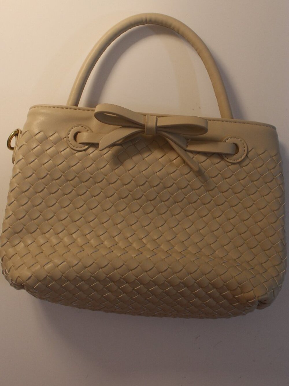 Cream Woven Top Handle Bag with Bow Detail